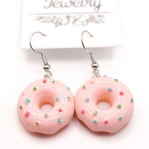 Handmade Pink Strawberry Sprinkled Donut Earrings, New